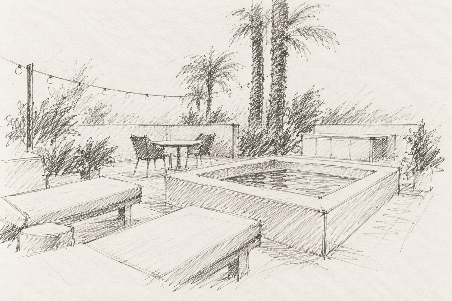Pencil sketch of a suite terrace with a plunge pool and loungers under palms.